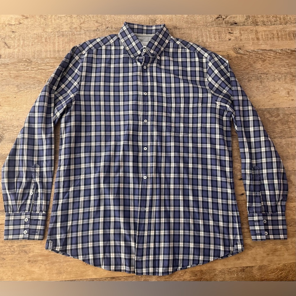 Brunello Cucinelli Men's Blue Plaid Long Sleeve Dress Shirt Size XL
